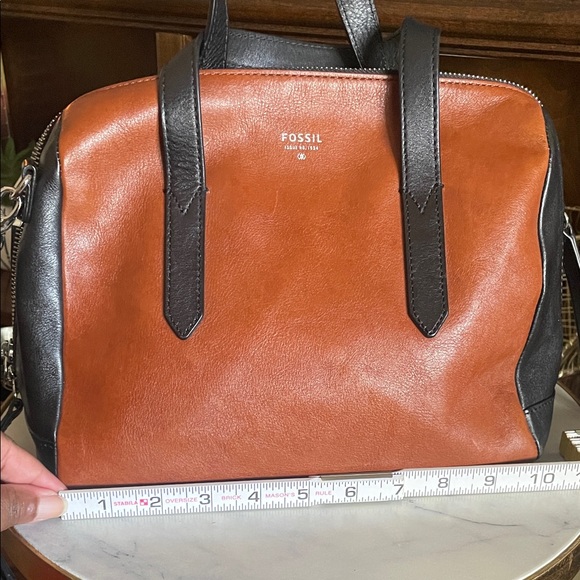 Fossil Unisex Cognac & Black Leather Satchel - Picture 7 of 10
